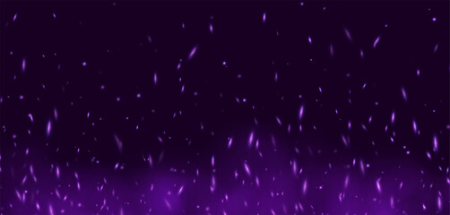 Purple flame with sparks, fire with flying cinder, abstract glowing embers, heat sparkles, bokeh fire texture. Vector illustration. © Likanaris