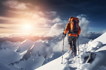 Mountaineer walking up along a snowy ridge with the skis in the backpack. In background a shiny bright sun.