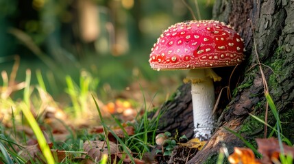 Beautiful red fly agaric growing among the grass