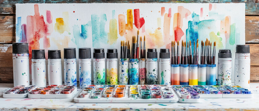 art supplies selection, A collection of assorted art supplies displayed on a white artist's palette. Items include watercolor paints, fine-tip markers, and an assortment of - Powered by Adobe