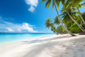 Palms and tropical beach with white sand. Summer vacation travel holiday background concept
