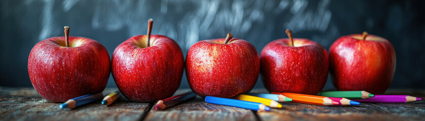 Back to School Essentials,  An exquisite display of ripe red apples and colorful pencils positioned on a vintage wooden surface, against a weathered chalkboard. Light softly