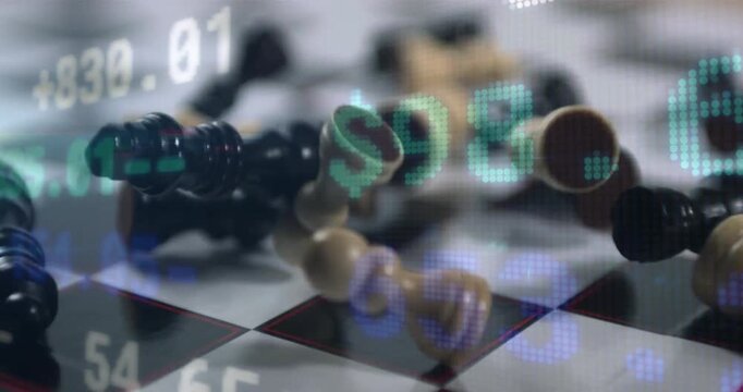 Falling chess pieces with financial data processing animation over chessboard