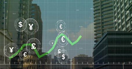 Currency symbols and green line graph animation over cityscape with skyscrapers - Powered by Adobe