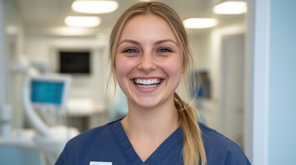 Fototapeta premium A dental hygienist greets patients with a cheerful smile in a contemporary clinic setting