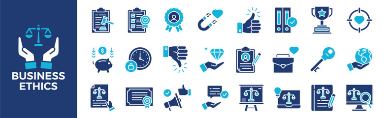 Business Ethics icon collection set. Containing design, business, corporate, management, law, company, ethical, and more. Solid vector icons collection.	