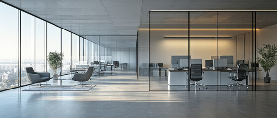 Glass partitioned,  Contemporary office layout with transparent glass partitions, showcasing stylish ergonomic chairs and desks. Sunlight streams in through large windows,
