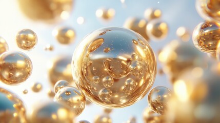 Golden bubbles shimmer and drift in soft light, capturing the essence of tranquility and beauty