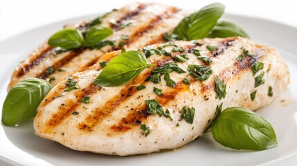 Tender grilled chicken breast with herbs is beautifully garnished and ready to enjoy in a bright outdoor setting
