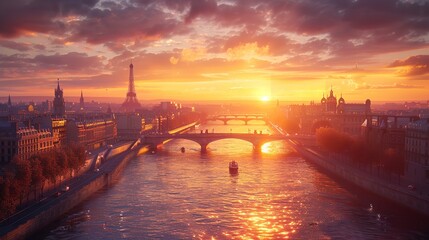 Fototapeta premium A beautiful serene of city skyline with a luxury sunset on the river, AI generated