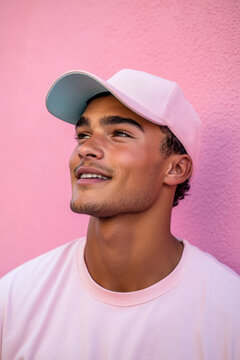 Baseball cap mockup,  Stylish male model displaying a fashionable baseball cap, mid-laugh with head tilted slightly back, set against a dreamy pastel background featuring gentle