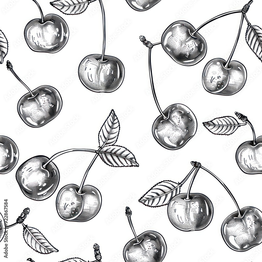 Canvas Prints a monochrome pattern featuring cherries with leaves on a white background.