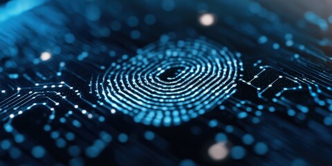 Close-up view of a digital fingerprint on a technological circuit board, illustrating advanced security and identification concepts.