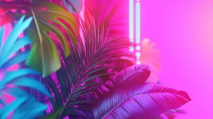 Obraz premium Tropical foliage glows in colorful neon lights, creating a lively atmosphere in a creative setting