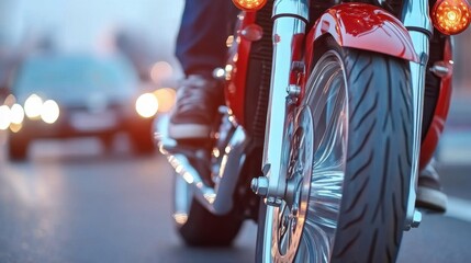 A motorcycle rider cautiously navigating near a car accident on a bustling street as twilight sets in