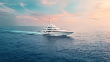 Fototapeta premium A luxurious yacht sailing across the ocean during a colorful sunset.