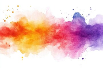 An abstract watercolor splash with vibrant hues of red, orange, yellow, purple, and blue on a white background.