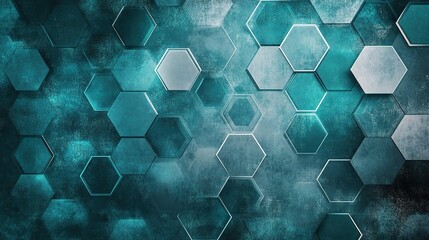 Abstract Hexagon Pattern - Blue Green: A mesmerizing backdrop of hexagonal shapes in shades of teal and blue, layered on a textured, dark background.