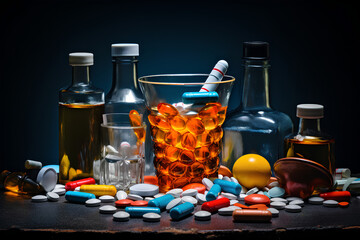 Pills of different sizes, shapes and colors, a glass of whiskey, drugs and syringes Concept of drugs and alcohol 