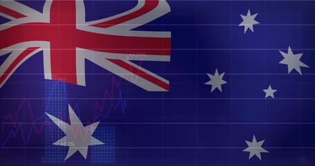 Australian flag with financial data processing animation over blue background - Powered by Adobe