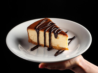 A single slice of cheesecake displayed on a white plate, emphasizing its creamy layers and...