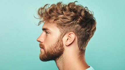 Fototapeta premium A young man with curly hair and a beard poses in profile, showcasing his stylish haircut against a colorful backdrop