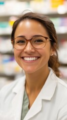 Fototapeta premium A pharmacist smiles warmly while assisting customers in a contemporary pharmacy