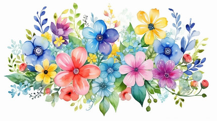 Obraz premium Watercolor rainbow flowers and green leaves