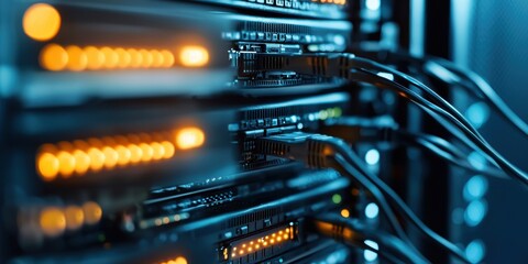Close-up view of server equipment with illuminated components and connected cables, representing modern technology infrastructure.