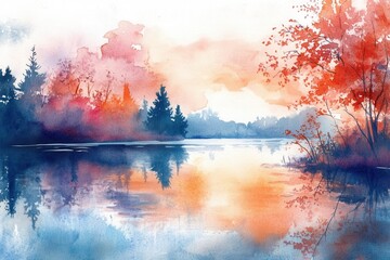 Fototapeta premium Beautiful watercolor autumn lake with vibrant orange, red, and blue hues reflecting a peaceful scene.