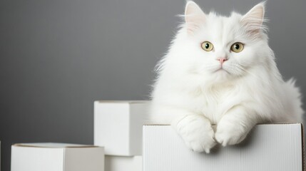 A fluffy white cat relaxes on top of white boxes against a soft gray background