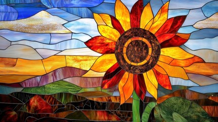 A striking stained glass sunflower stands tall against a backdrop of colorful hills and skies, blending art with nature beautifully