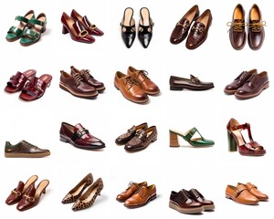 Fototapeta premium Stylish Collection of Fashionable Shoes for Men and Women - Variety of Leather Footwear, Loafers, Heels, and Sandals in Trendy Designs