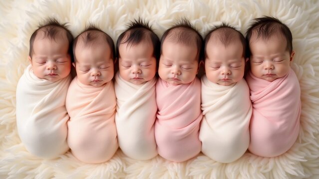 Peacefully Sleeping Newborn Quintuplets Wrapped in Soft Blankets