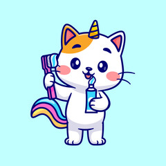 Obraz premium Cute Cat Unicorn Holding Toothbrush With Toothpaste Cartoon Vector Icon Illustration. Animal Health Icon Concept Isolated Premium Vector. Flat Cartoon Style 