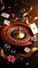 Roulette Wheel with Aces and Poker Chips in a Festive Casino Scene