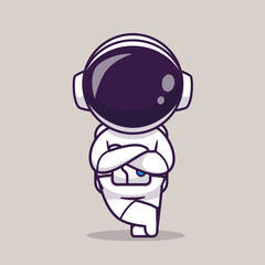 Obraz premium Cute Astronaut Standing With Folding Hand Cartoon Vector Icon Illustration Science Technology Icon Concept Isolated Premium Vector. Flat Cartoon Style