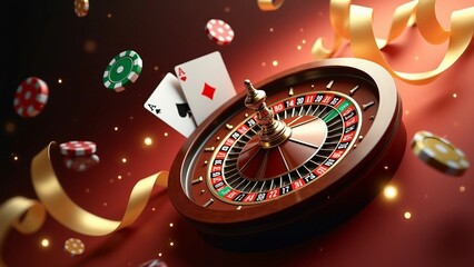 Roulette Wheel with Aces and Poker Chips in a Festive Casino Scene