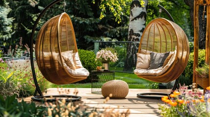 Chic garden decoration with fancy egg chairs and garden furniture