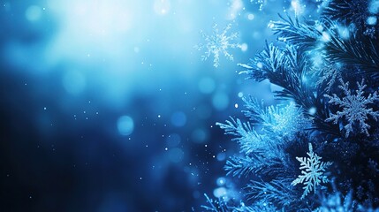 Winter's Serene Embrace: A mesmerizing close-up of a snow-dusted evergreen branch, adorned with delicate snowflakes, bathed in a soft, ethereal blue light. Perfect for winter holidays.
