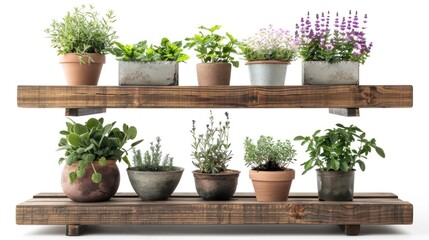 Fototapeta premium Multi-tiered garden shelf with herb and flower pots, isolated on white background.