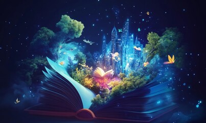Naklejka premium World Book Day Magic: Enchanting 3D Illustration of a Fantasy and Literature-Inspired Magical Book Containing Whimsical Tales.