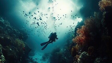 Obraz premium Silhouette of a Scuba Diver Exploring a Coral Reef