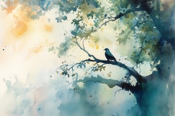 Watercolor painting of a bird on a tree branch, with soft, tranquil colors and a peaceful atmosphere.