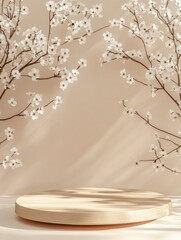 Geometric empty podium wooden platform stand for product presentation and spring flowering tree branch with white flowers on pastel beige background with generative ai