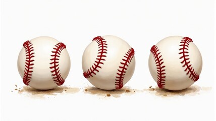 Three Baseballs in a Row on a White Background - Sports Equipment, Close-up Photograph