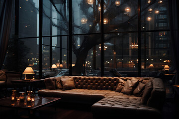 sofas and tables crammed into the large glass windows while looking at the raindrops that clung to the glass outside.