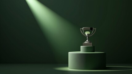 A photo of an empty 3D podium with a football trophy in the spotlight, isolated on a dark green background