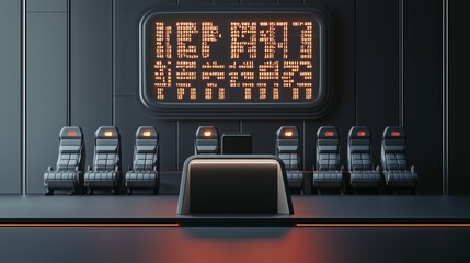 Obraz premium A photo of a 3D podium with stadium seats and a large scoreboard in the background, isolated on a dark gray background