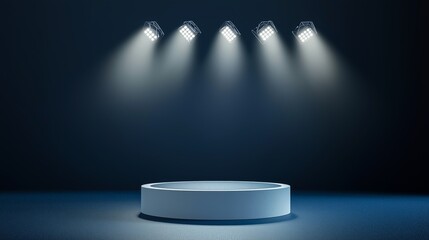 A photo of a 3D podium with stadium lights creating dramatic shadows on the field, isolated on a dark blue background